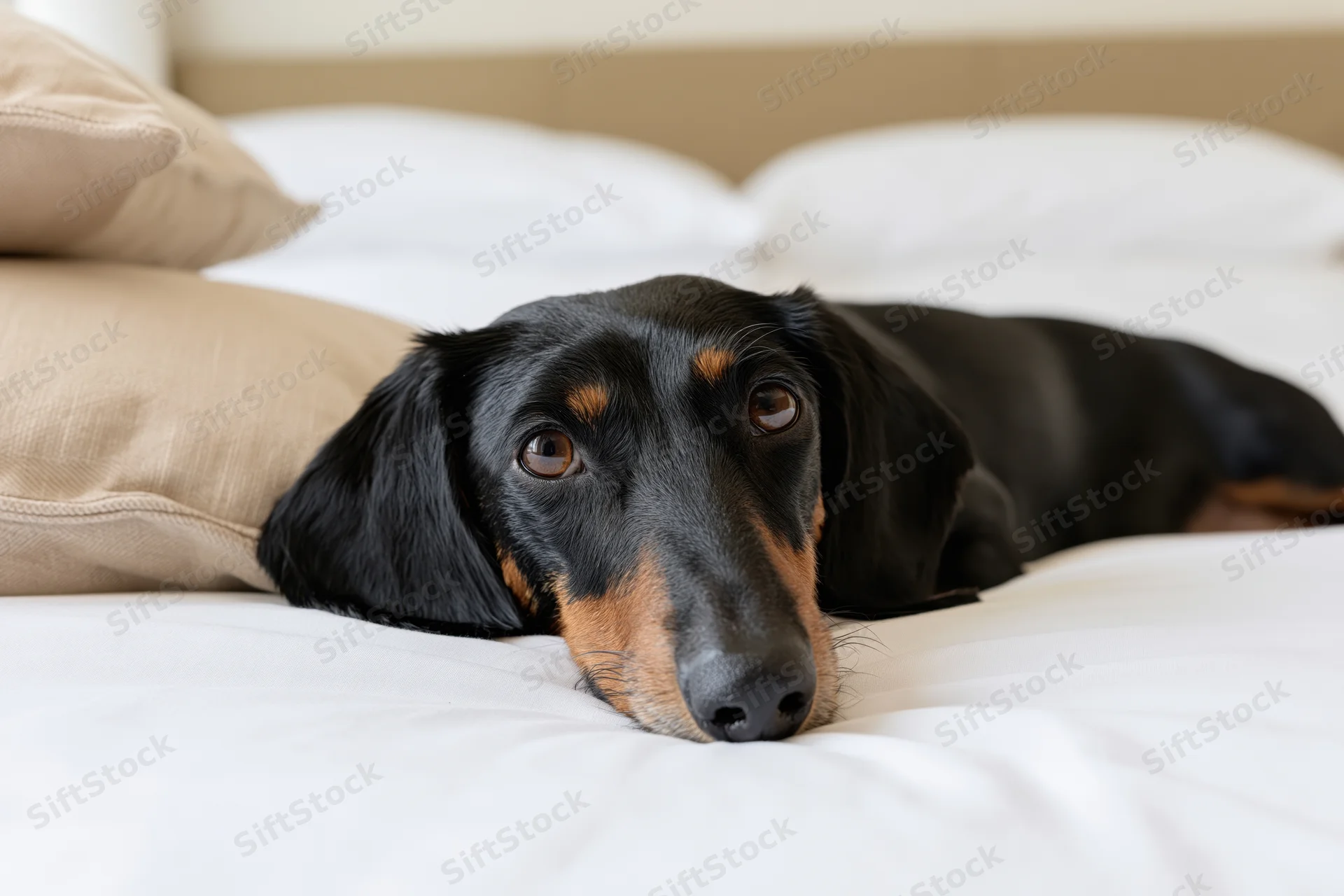Black and tan dachshund lying on white hotel bed with head resting on pillow