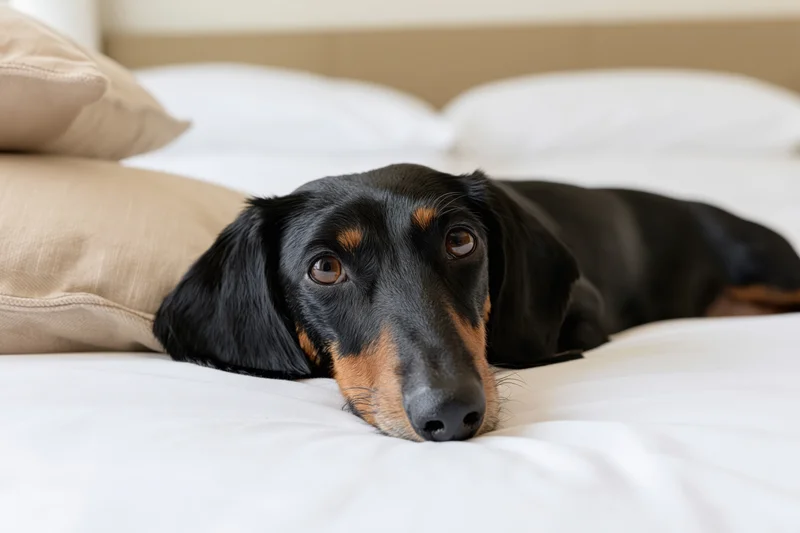 Black and tan dachshund lying on white hotel bed with head resting on pillow