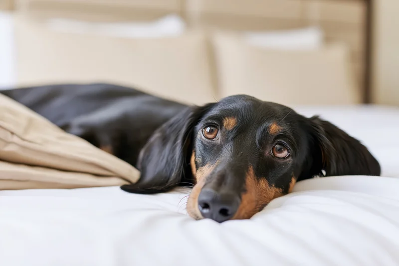 Black and tan dachshund lying on white hotel bed with chin resting on mattress