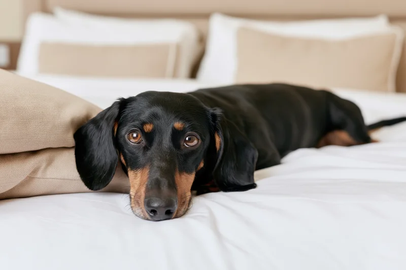 Black and tan dachshund lying on white hotel bed with head resting on pillow