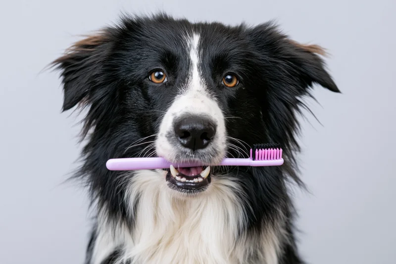 Border collie holding toothbrush in mouth against plain background