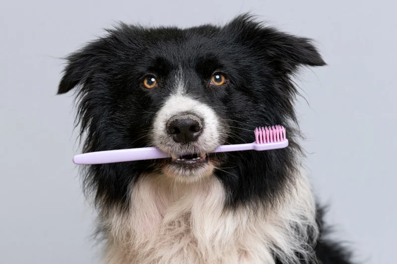 Black and white border collie holding a purple toothbrush in its mouth against a plain background