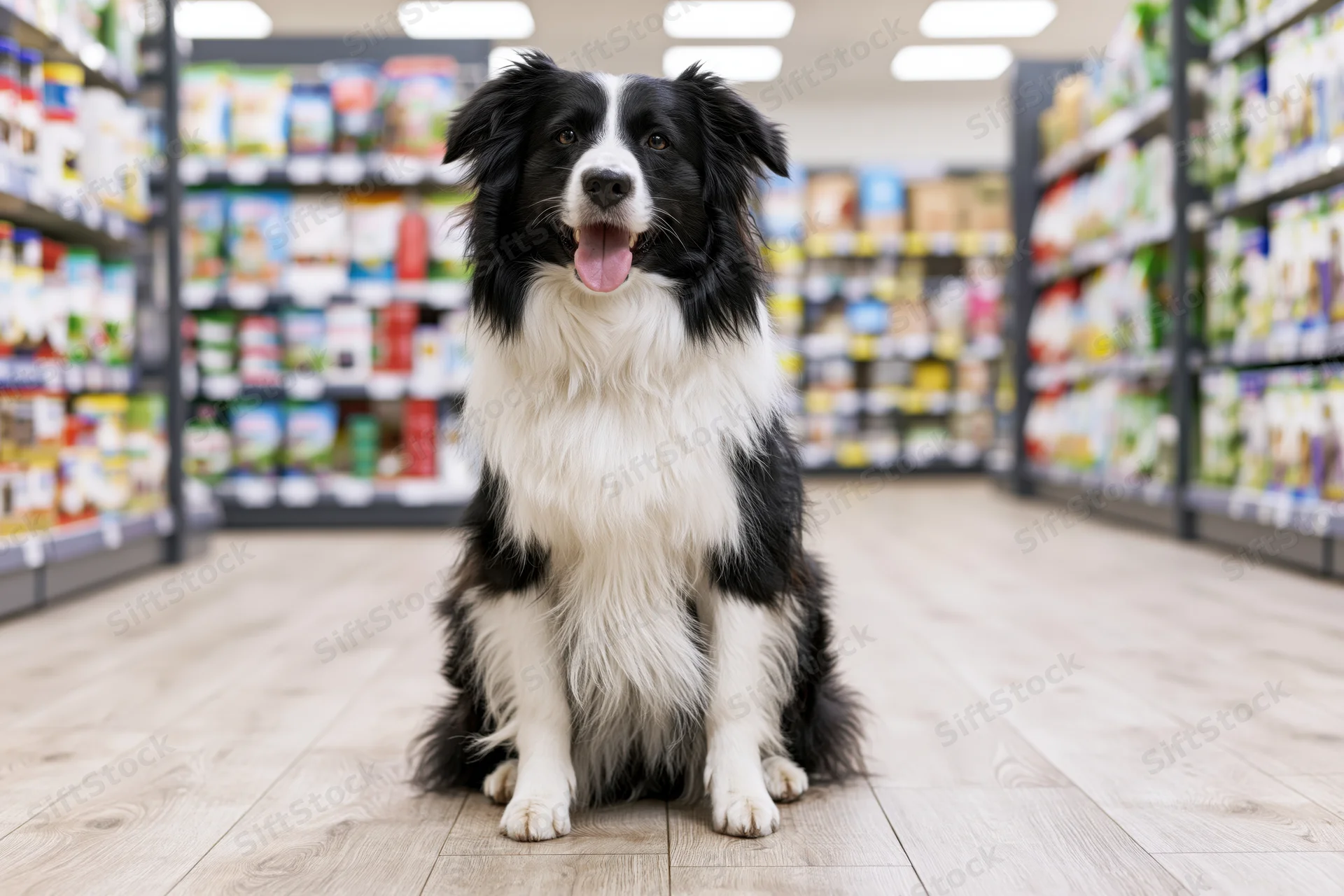 Black and white border collie sitting upright in a supermarket aisle with shelves of pet food and groceries around