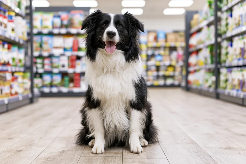Black and white border collie sitting upright in a supermarket aisle with shelves of pet food and groceries around