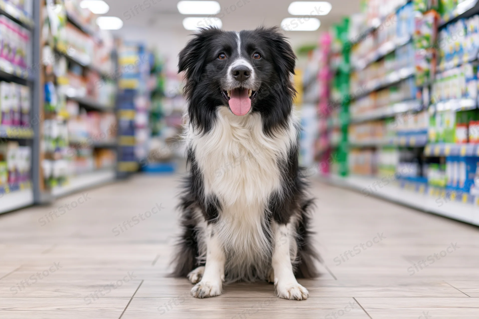 Black and white border collie sitting upright with tongue out in a supermarket aisle