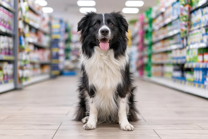 Black and white border collie sitting upright with tongue out in a supermarket aisle