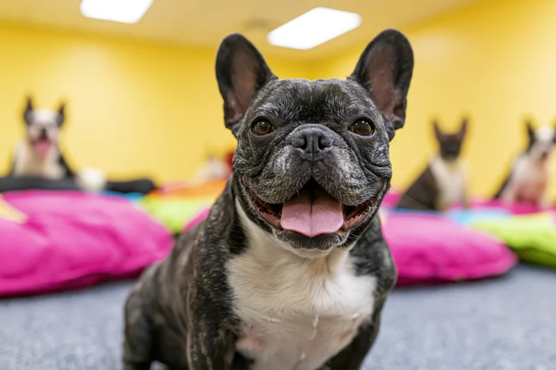 Black and white french bulldog sitting with mouth open in a colorful pet daycare room