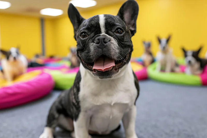 Black and white french bulldog sitting with mouth open in a colorful pet daycare room
