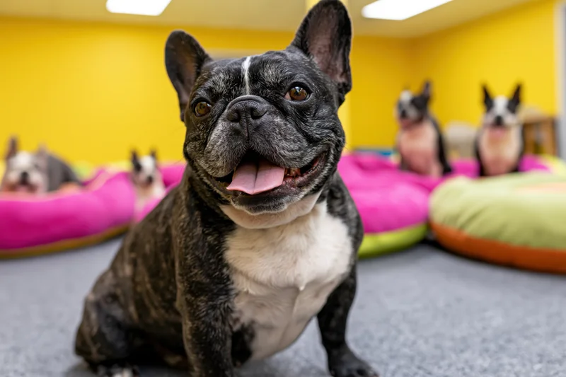 Brindle french bulldog sitting upright with tongue out in a colorful indoor dog daycare with other dogs on beds in background