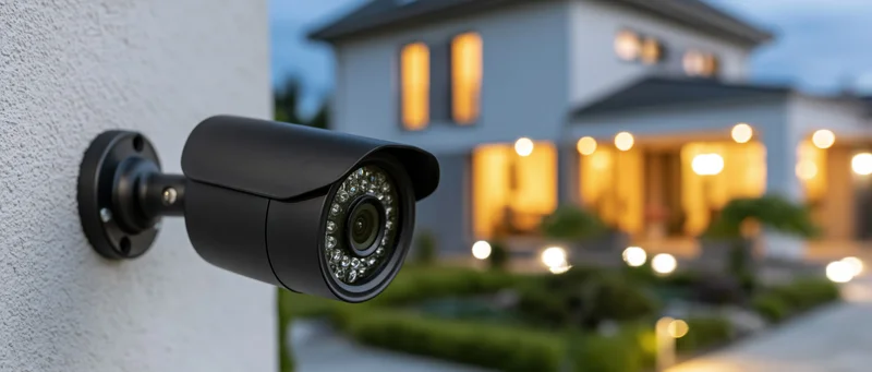 Black bullet-style security camera mounted on a house wall at dusk with illuminated home in background