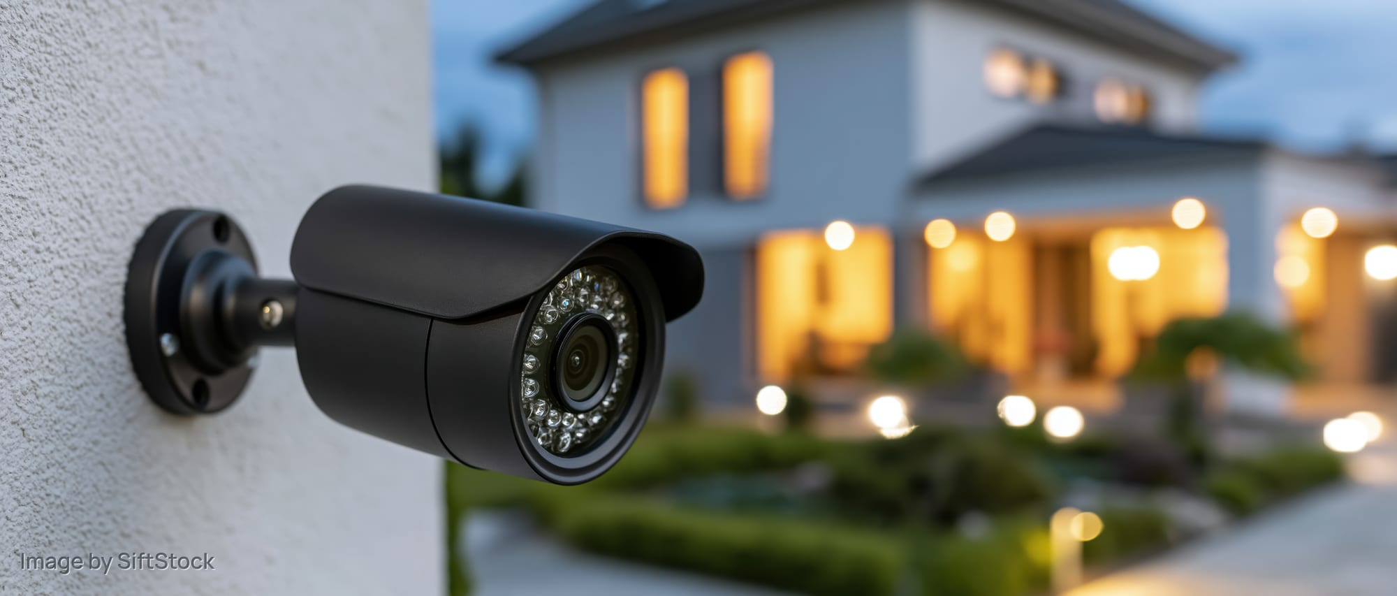 Black bullet-style security camera mounted on a house wall at dusk with illuminated home in background