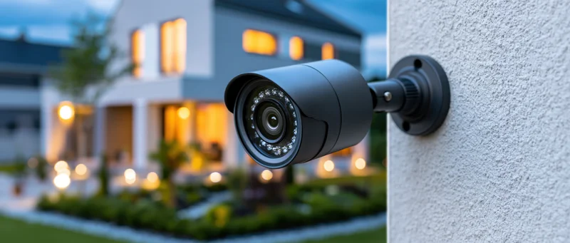 Black bullet-style security camera mounted on a house exterior wall at dusk