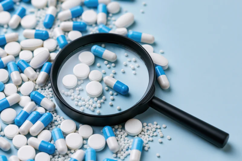 Magnifying glass over scattered blue and white pills on a light blue surface