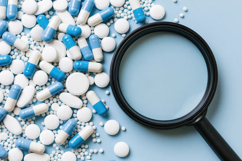 Magnifying glass resting on scattered pills and capsules on a blue surface