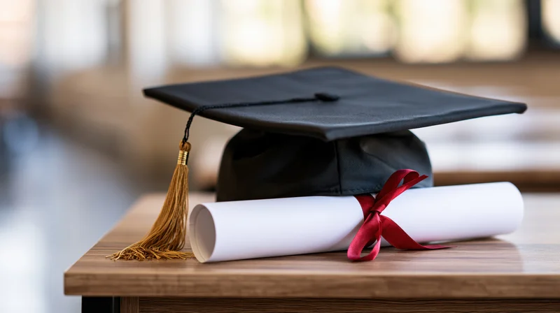 Black mortarboard cap with gold tassel and rolled diploma tied with red ribbon on wooden table