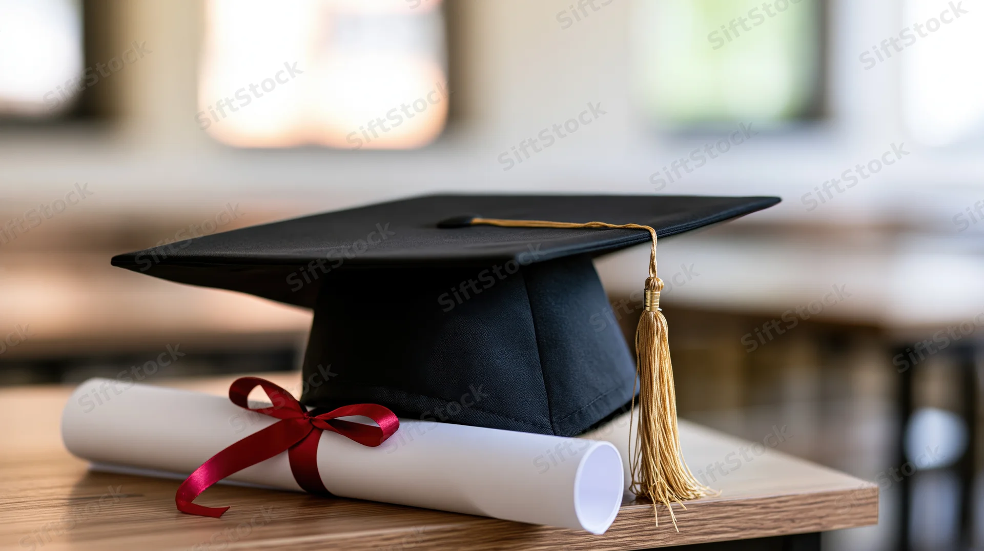 Black mortarboard graduation cap with gold tassel resting on a rolled diploma tied with red ribbon on wooden table