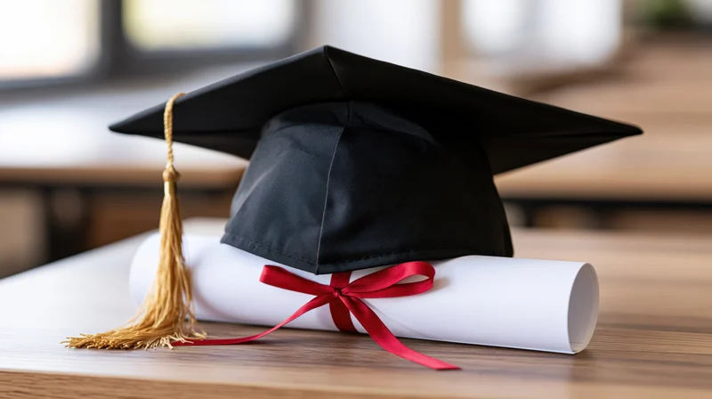 Black mortarboard graduation cap with gold tassel resting on a rolled diploma tied with red ribbon on wooden table