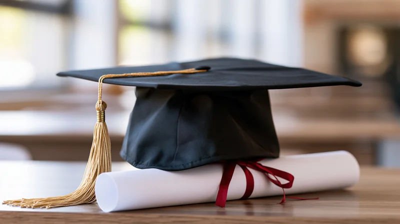 Black mortarboard graduation cap with gold tassel resting on a rolled diploma tied with red ribbon on wooden table