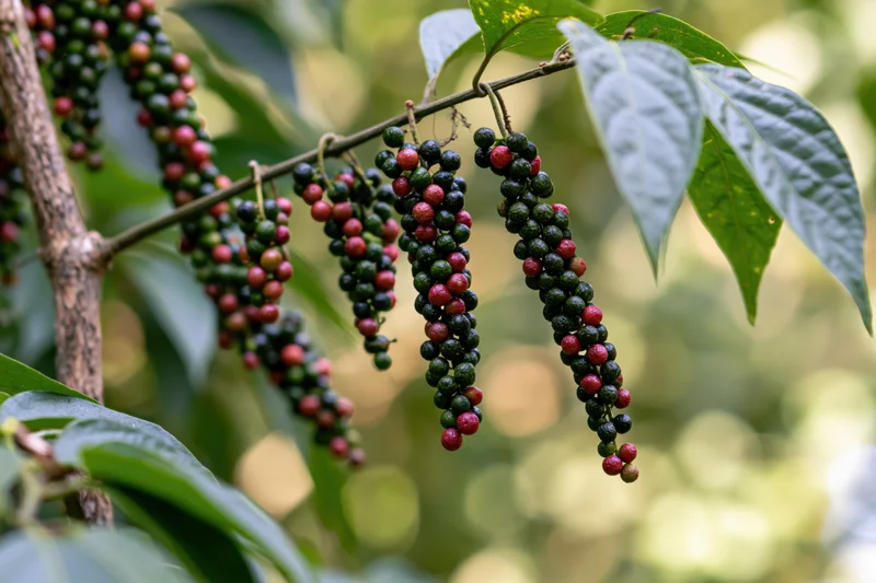 Clusters of ripening peppercorns hanging from a black pepper vine branch among green leaves in a garden setting