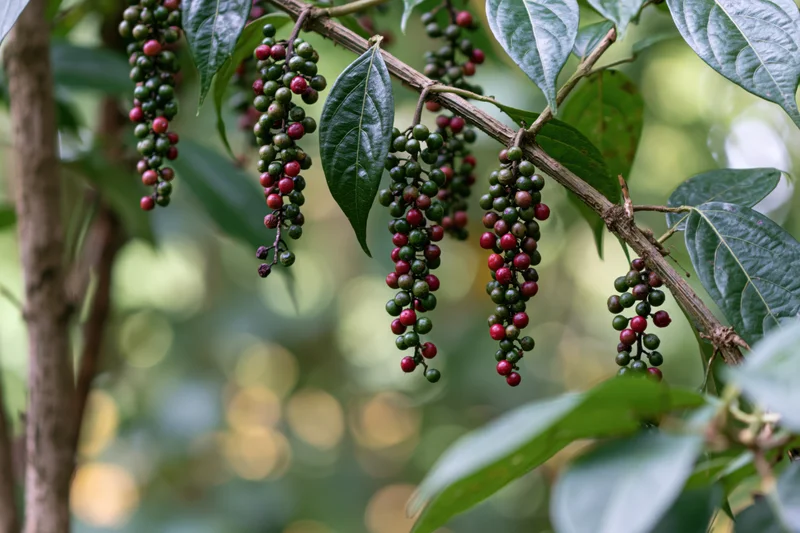 Clusters of ripening peppercorns hanging from a black pepper vine branch among green leaves