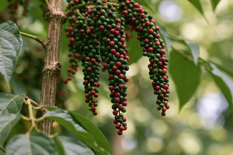 Clusters of ripening peppercorns hanging from a black pepper vine branch among green leaves