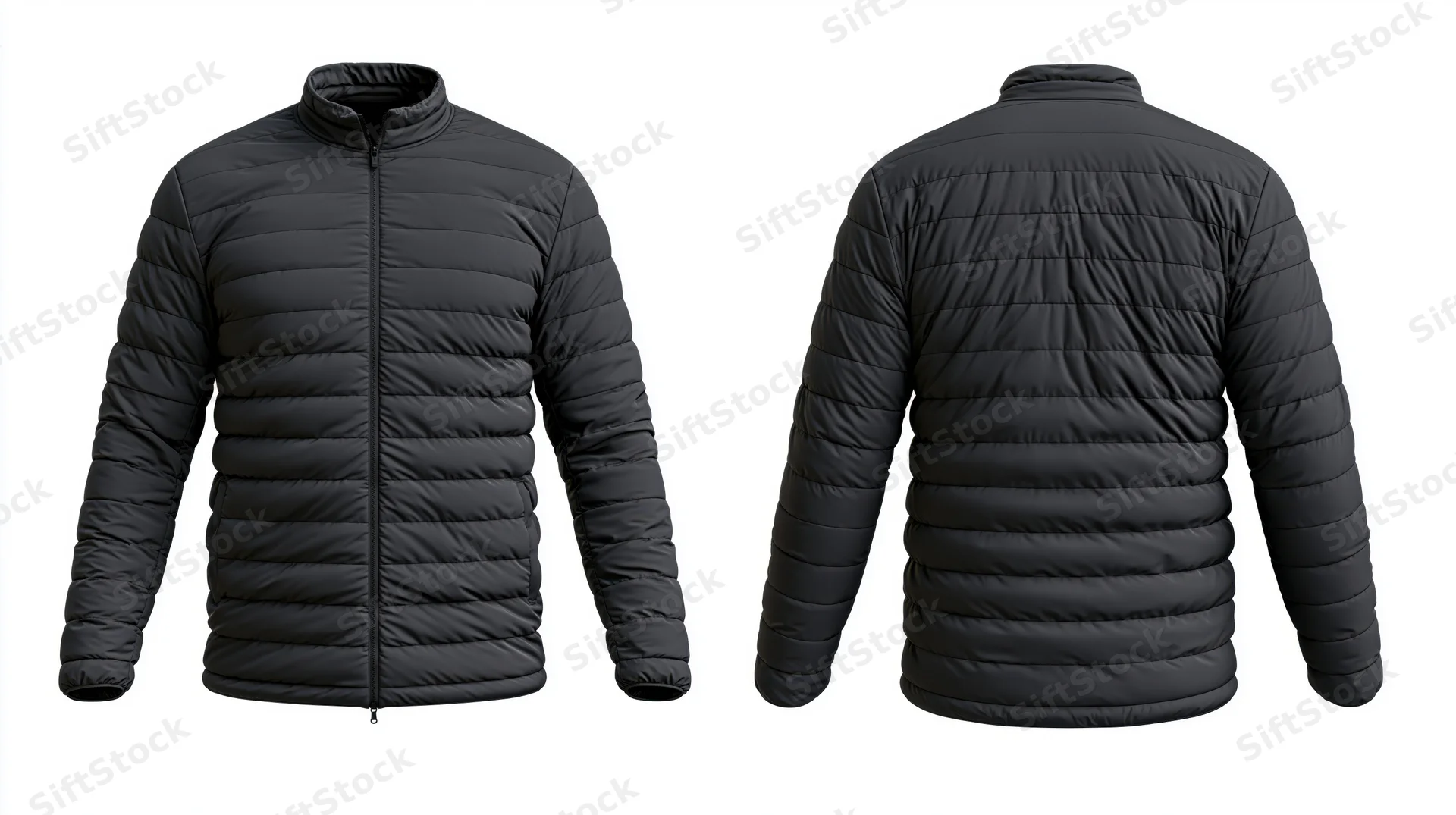 Black quilted puffer jacket shown front and back views on white background