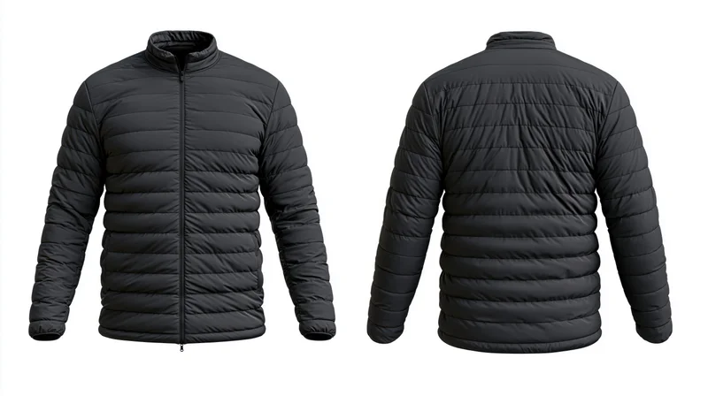Black quilted puffer jacket shown front and back views on white background