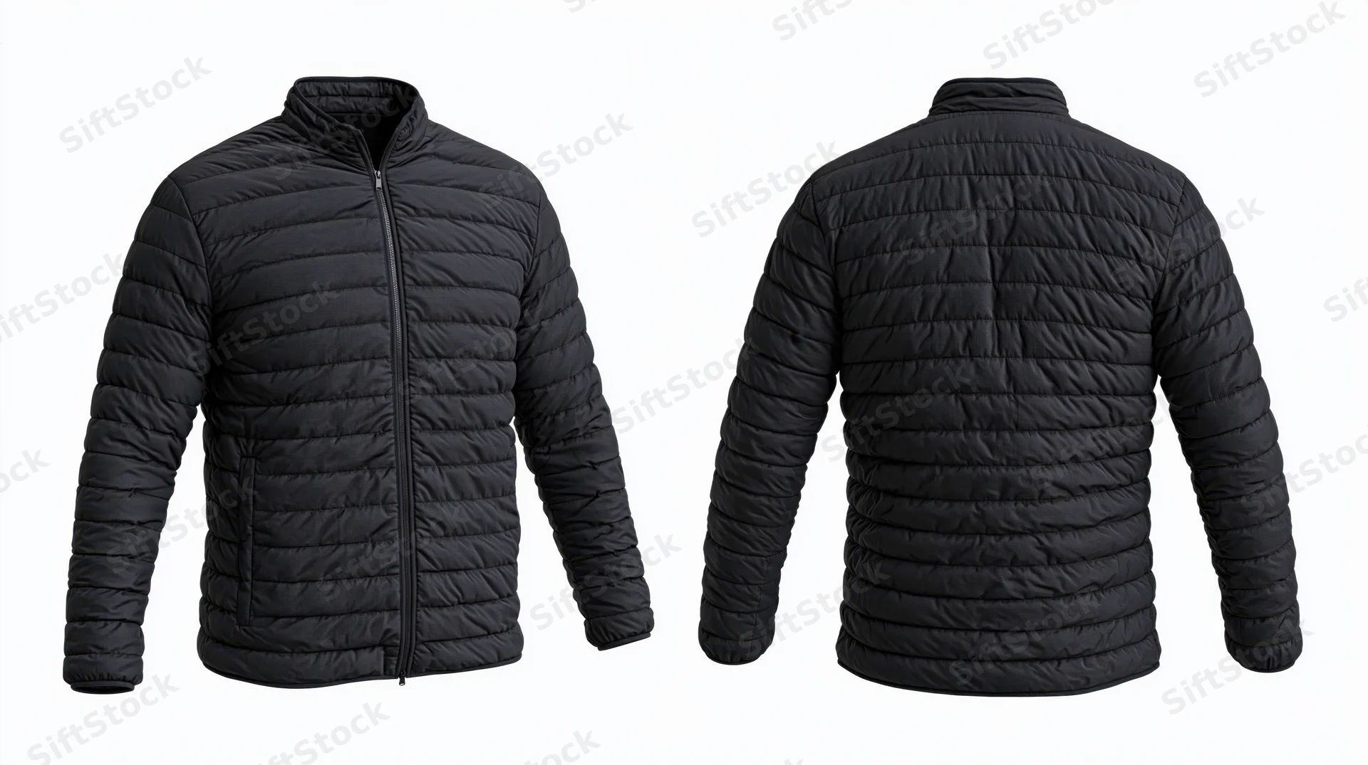 Black quilted puffer jacket shown front and back views on white background