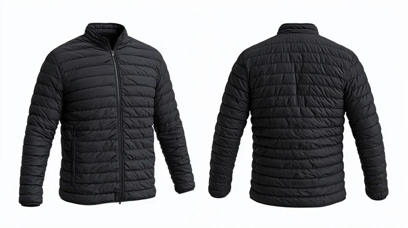 Black quilted puffer jacket shown front and back views on white background