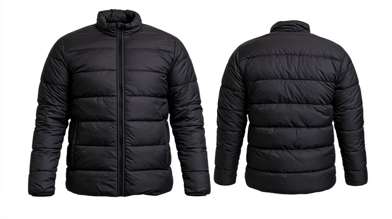 Black quilted puffer jacket shown front and back views on white background