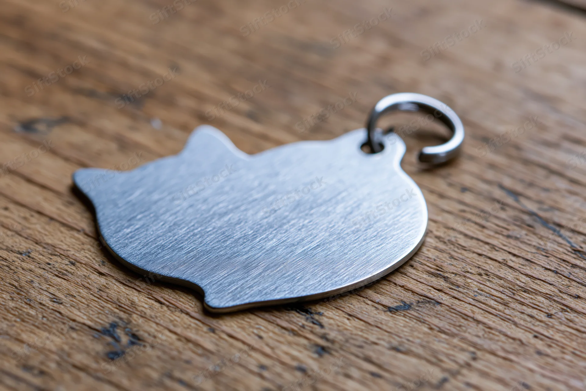 Cat-shaped stainless steel pet id tag with ring on wooden surface