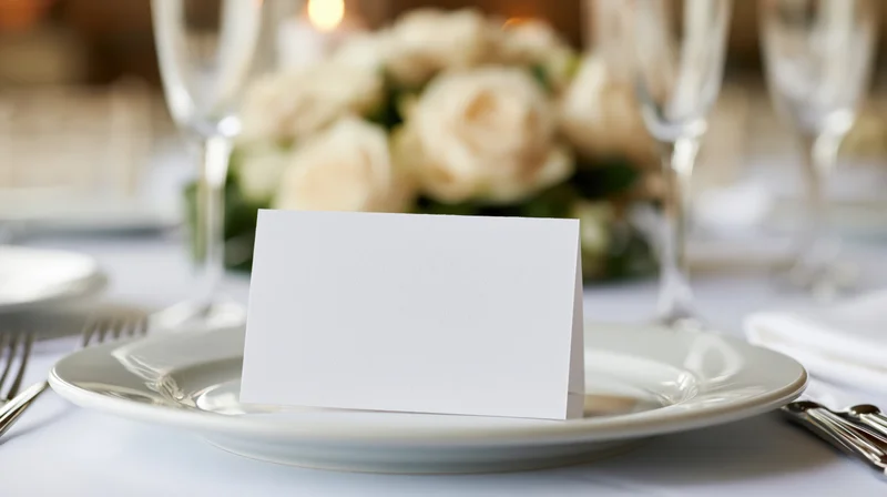 Blank white place card standing on a dinner plate at a formal wedding reception table