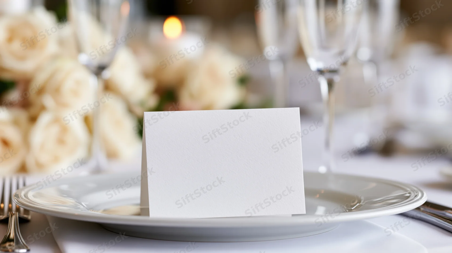 Blank white place card standing upright on a dinner plate at a formal wedding reception table