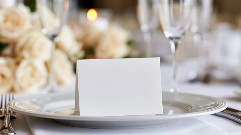 Blank white place card standing upright on a dinner plate at a formal wedding reception table