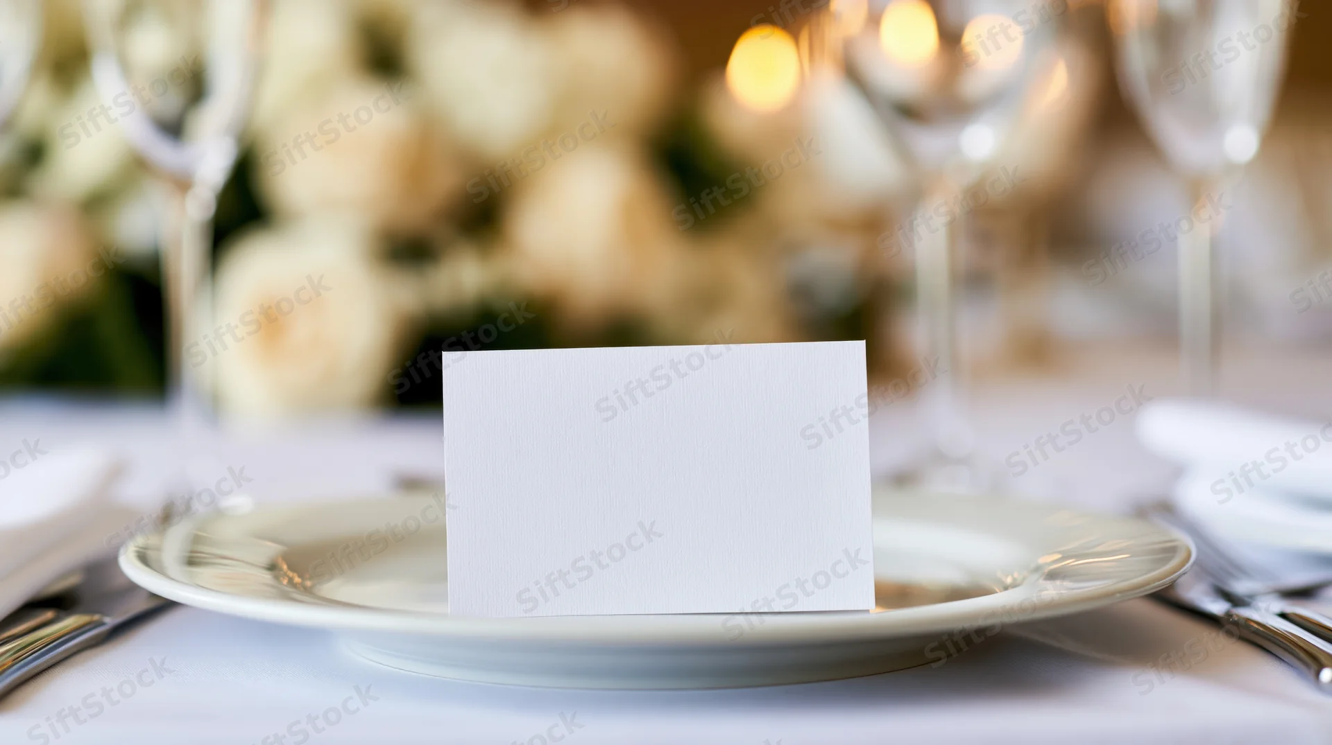 Blank white place card standing upright on a dinner plate at a formal wedding reception table