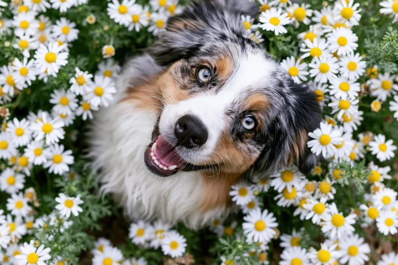 Blue-eyed merle australian shepherd looking up through a field of white daisies with yellow centers