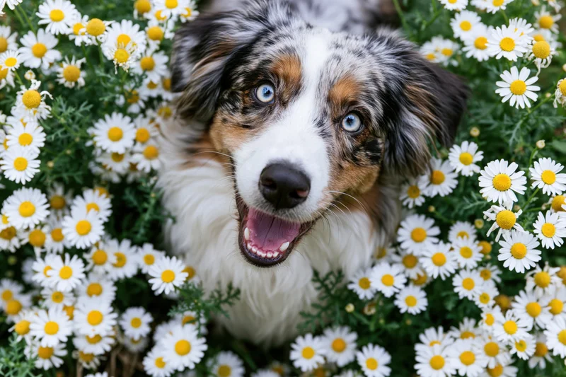 Blue-eyed merle australian shepherd dog smiling among white daisies in a garden