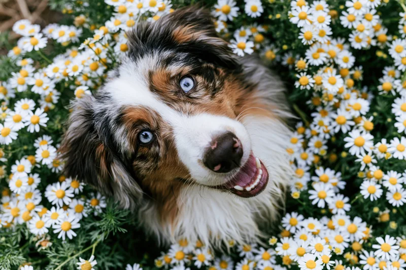 Blue-eyed merle australian shepherd looking up with mouth open surrounded by white daisies in a garden