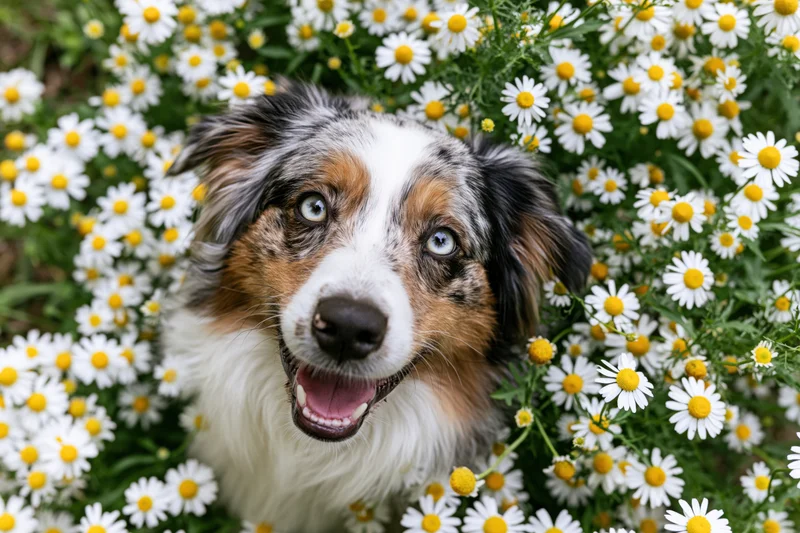 Blue-eyed merle australian shepherd looking up with mouth open in a field of white daisies