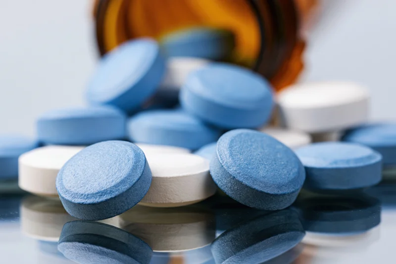 Blue and white round pharmaceutical tablets spilled from an amber bottle onto a reflective surface