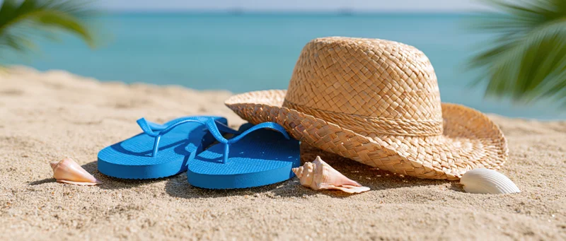 Blue flip-flops and a woven straw hat with seashells on sandy beach near ocean