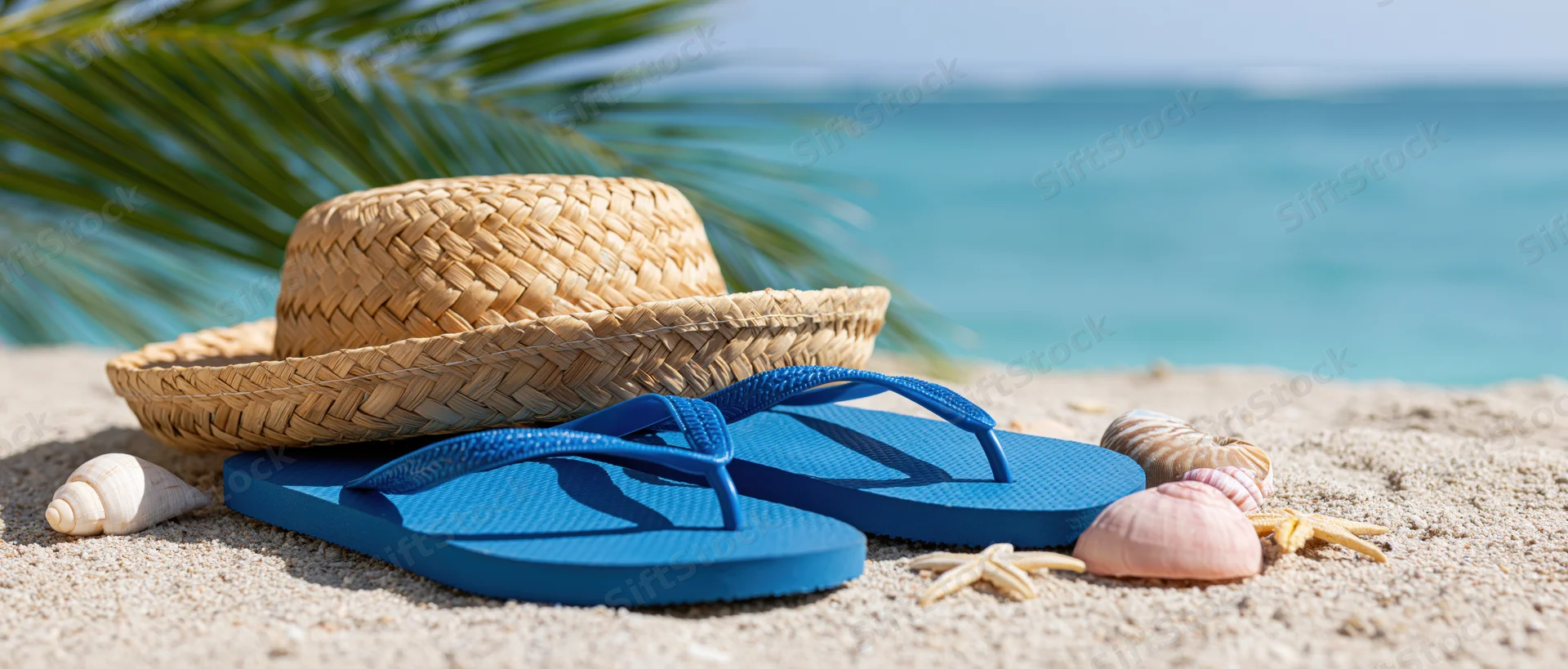 Blue flip-flops and a woven straw hat with seashells on sandy beach near ocean