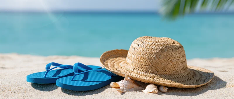 Blue flip flops and a woven straw hat with seashells on sandy beach near turquoise ocean