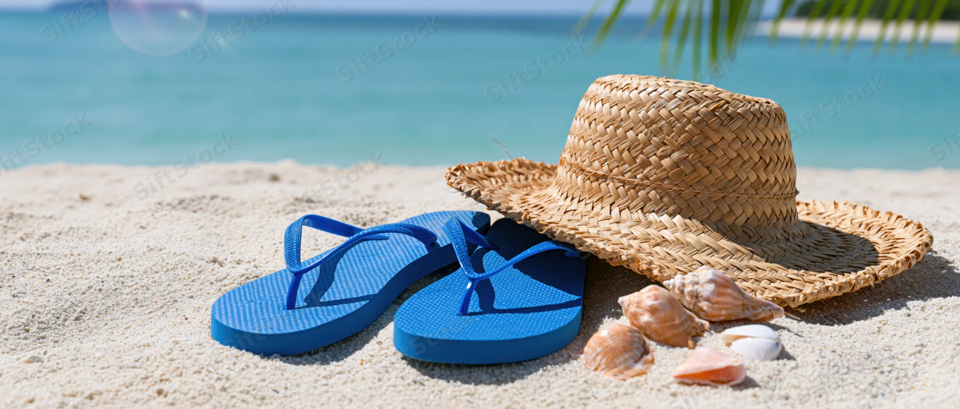 Blue flip flops and a woven straw hat with seashells on sandy beach near ocean