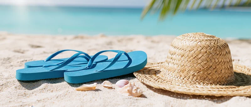 Blue flip flops and a woven straw hat resting on sandy beach near turquoise ocean with seashells scattered nearby