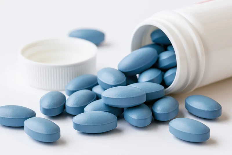 Blue oval pills spilling from a tipped white plastic bottle on a plain surface