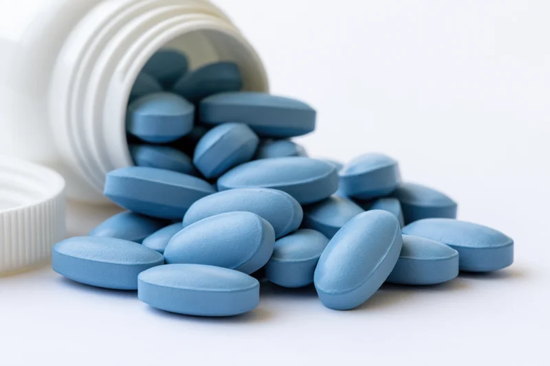 Blue oval pills spilling from a tipped white plastic bottle on a white surface