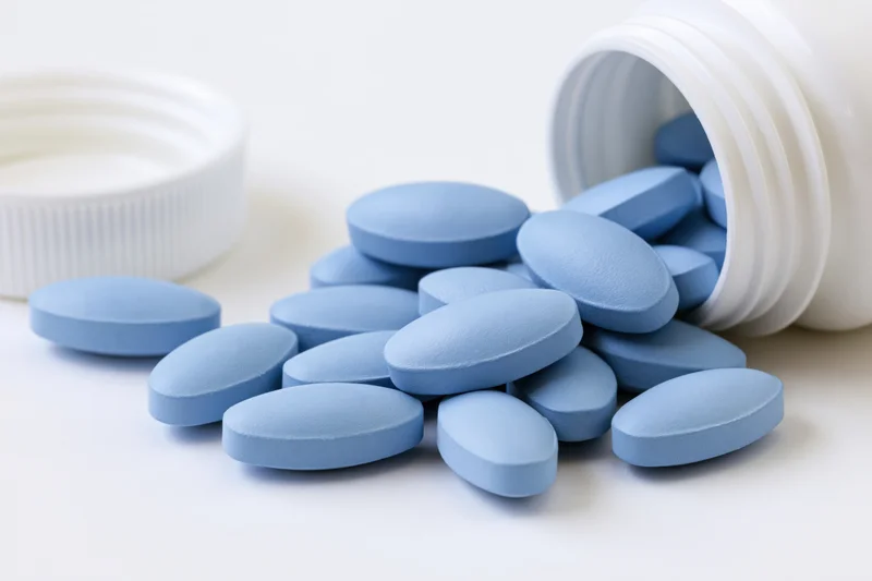 Blue oval pills spilling from a tipped white plastic bottle on a white surface