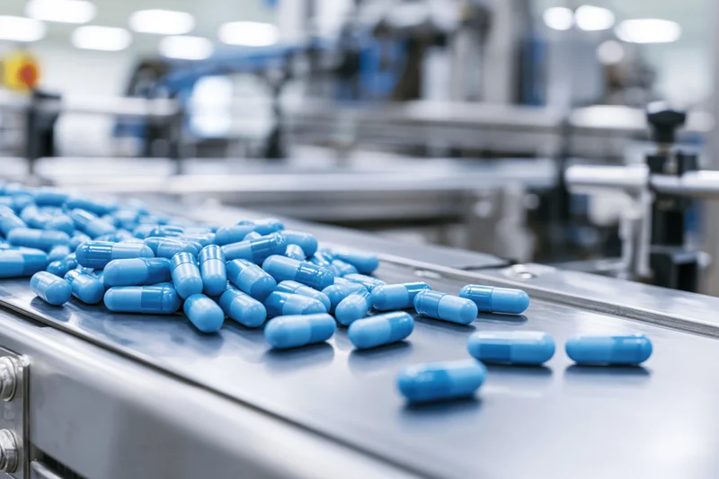 Blue pharmaceutical capsules scattered on a conveyor belt in a factory production line