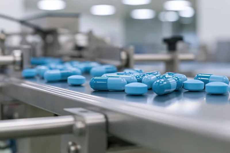 Blue pharmaceutical capsules moving along a conveyor belt in a factory